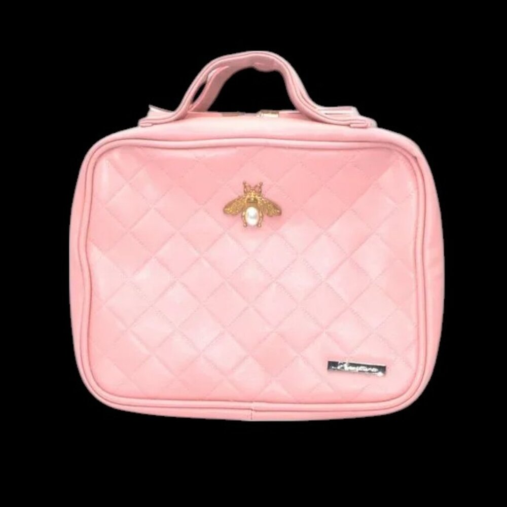 Lacattura Quilted Pearl Bee Hanging Toiletry Travel Bag Pink Gold